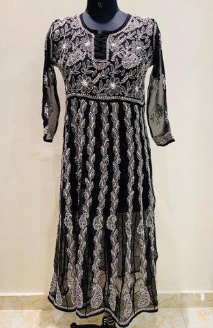 Goodwill prime Hand Embroidered Lucknow BLACK cotton WITH MUKESH WORK Lucknowi  Chikan Anarkali Kurta - directcreate.com